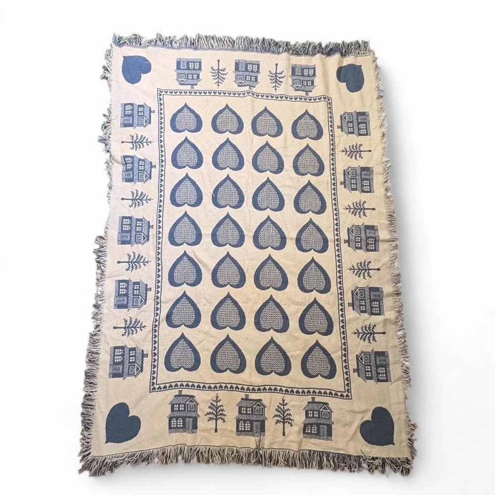 Vintage 90s Farmhouse Cottagecore Fringe Heavy Throw Blanket Country Blue